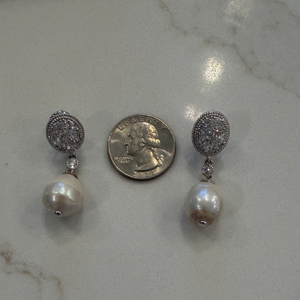 Judith Ripka Sterling Silver Pave CZ & White Baroque Pearl Drop Earrings - Picture 6 of 7